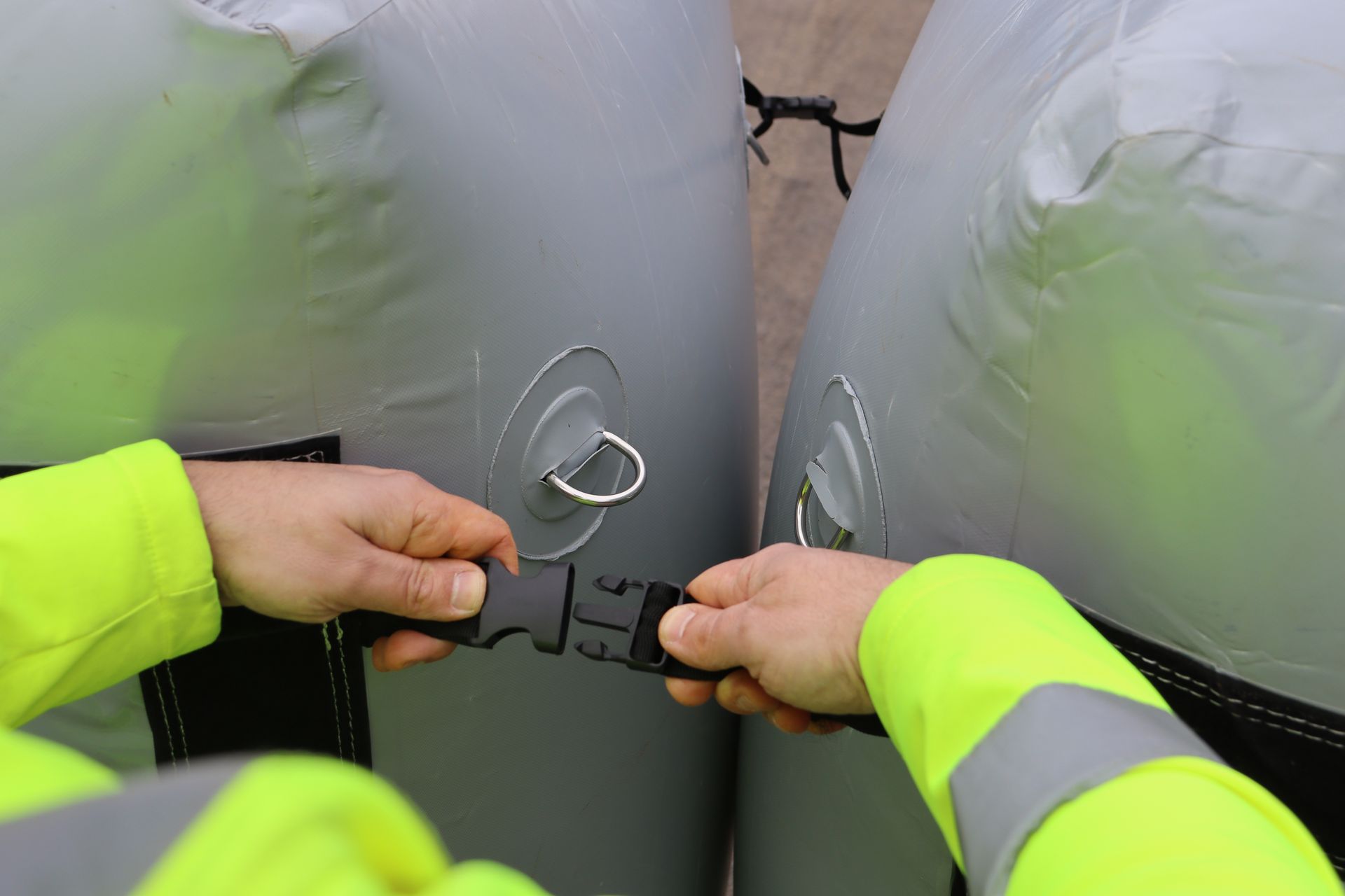 End clips on an InflatorShield unit — allowing multiple units to be connected end-to-end